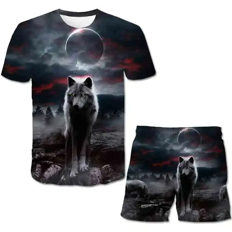 Man T-shirt Suit Animal 3D Print Wolf Totem Summer Casual T-Shirt+Shorts 2Pcs Outfits Fashion Short Sleeve Clothing High-quality