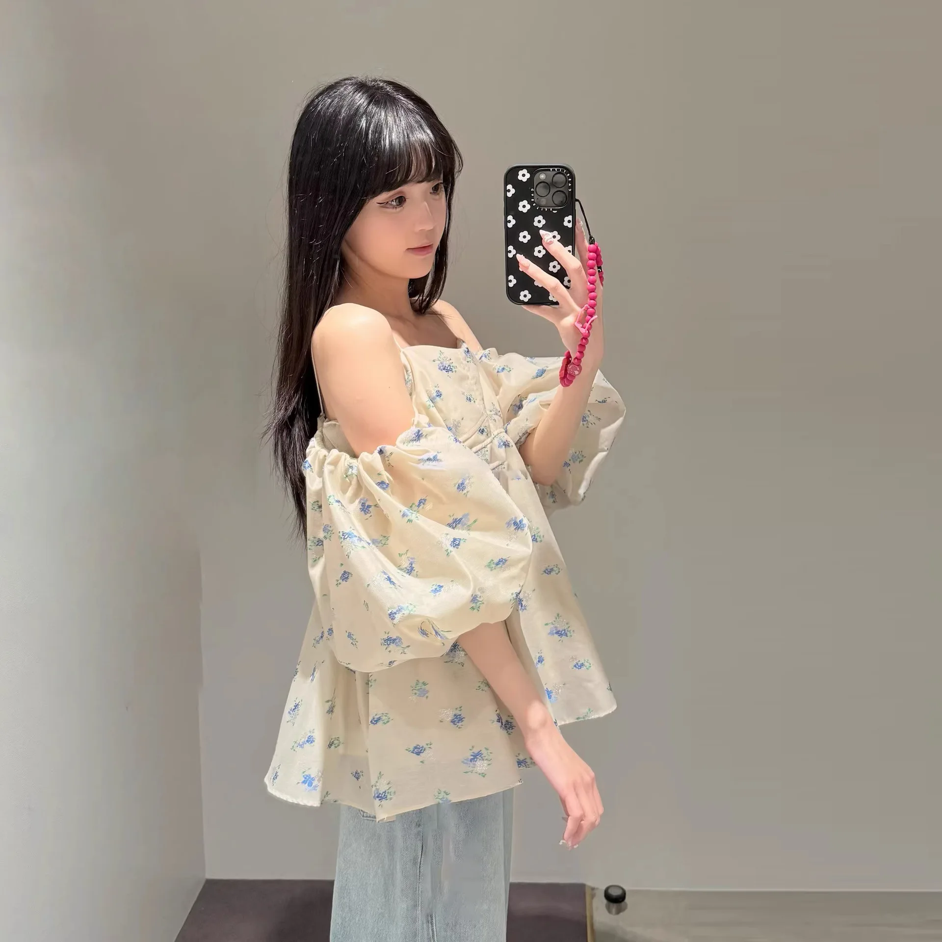 

Gagarich 2025 Summer Collection Japanese Cross Border Sweet Bubble Sleeves Off Shoulder Printed Short Strap Top Women