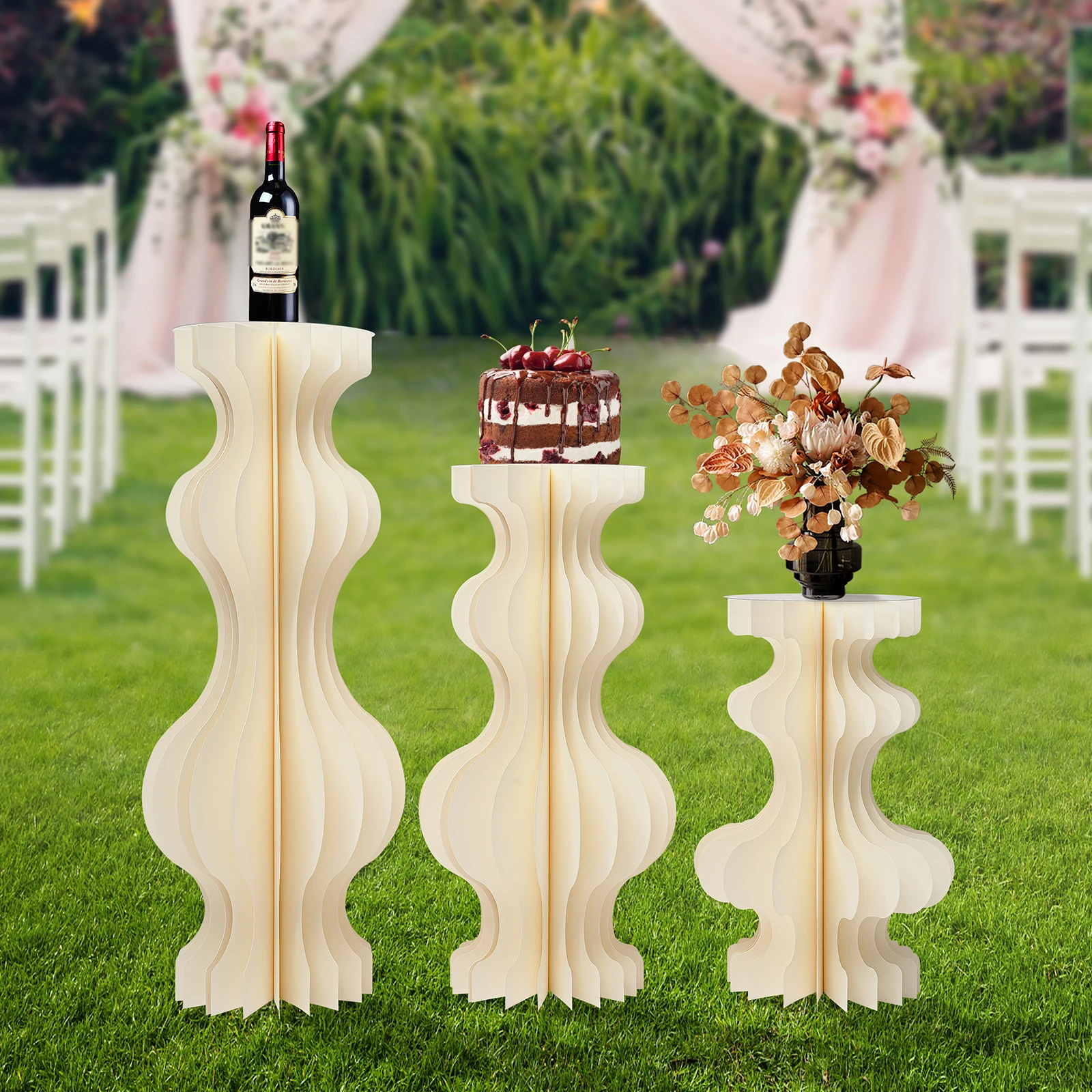 3PCS Curved Wedding Party Flower Stand Cylinder Foldable Cardboard Centerpiece Dessert Table Column Display Stand 60+80+100cm
