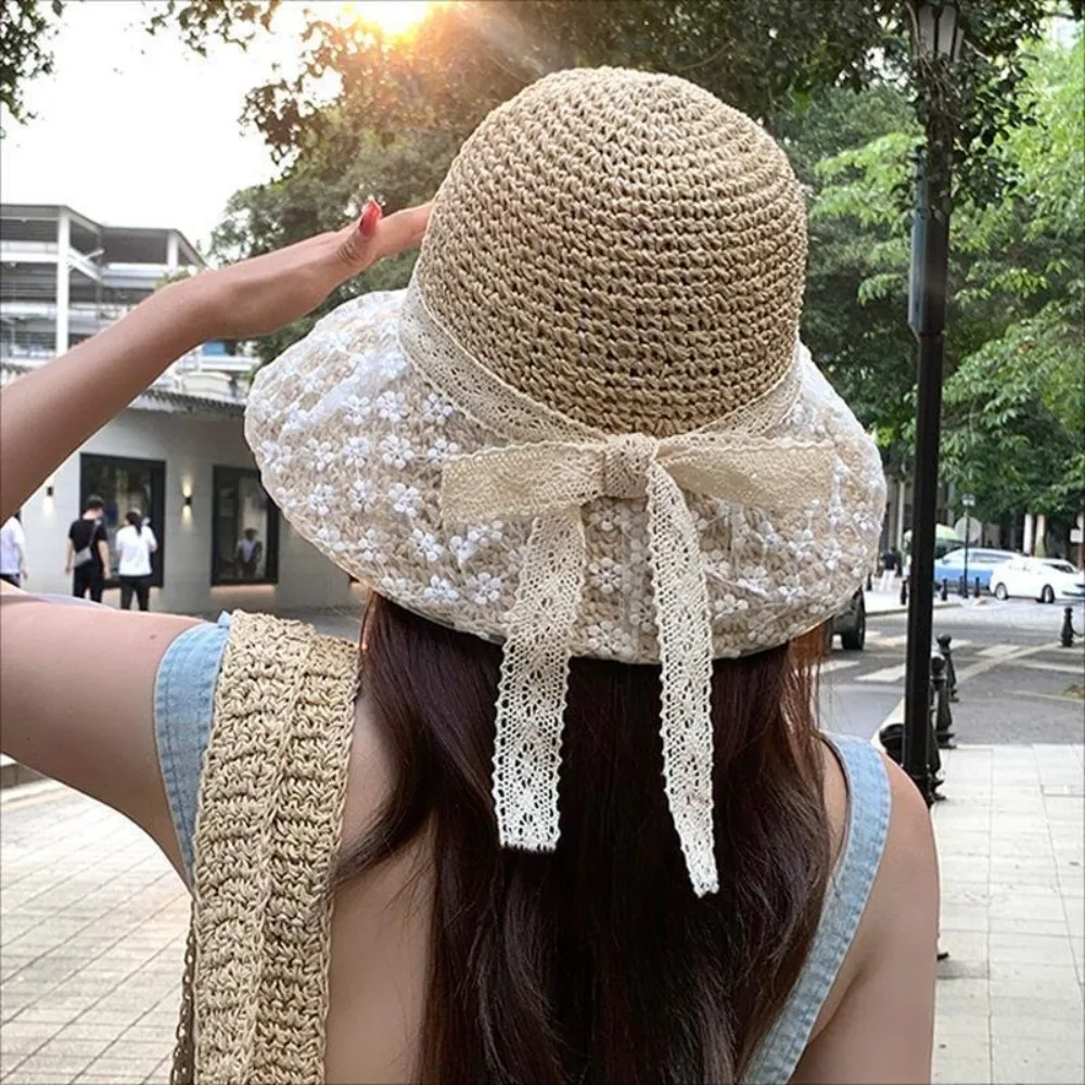 

Breathable Lace Bow Straw Hat Ribbon Crochet Sunscreen Bucket Hat Wide Brim Weave Beach Fisherman Hat Vacation