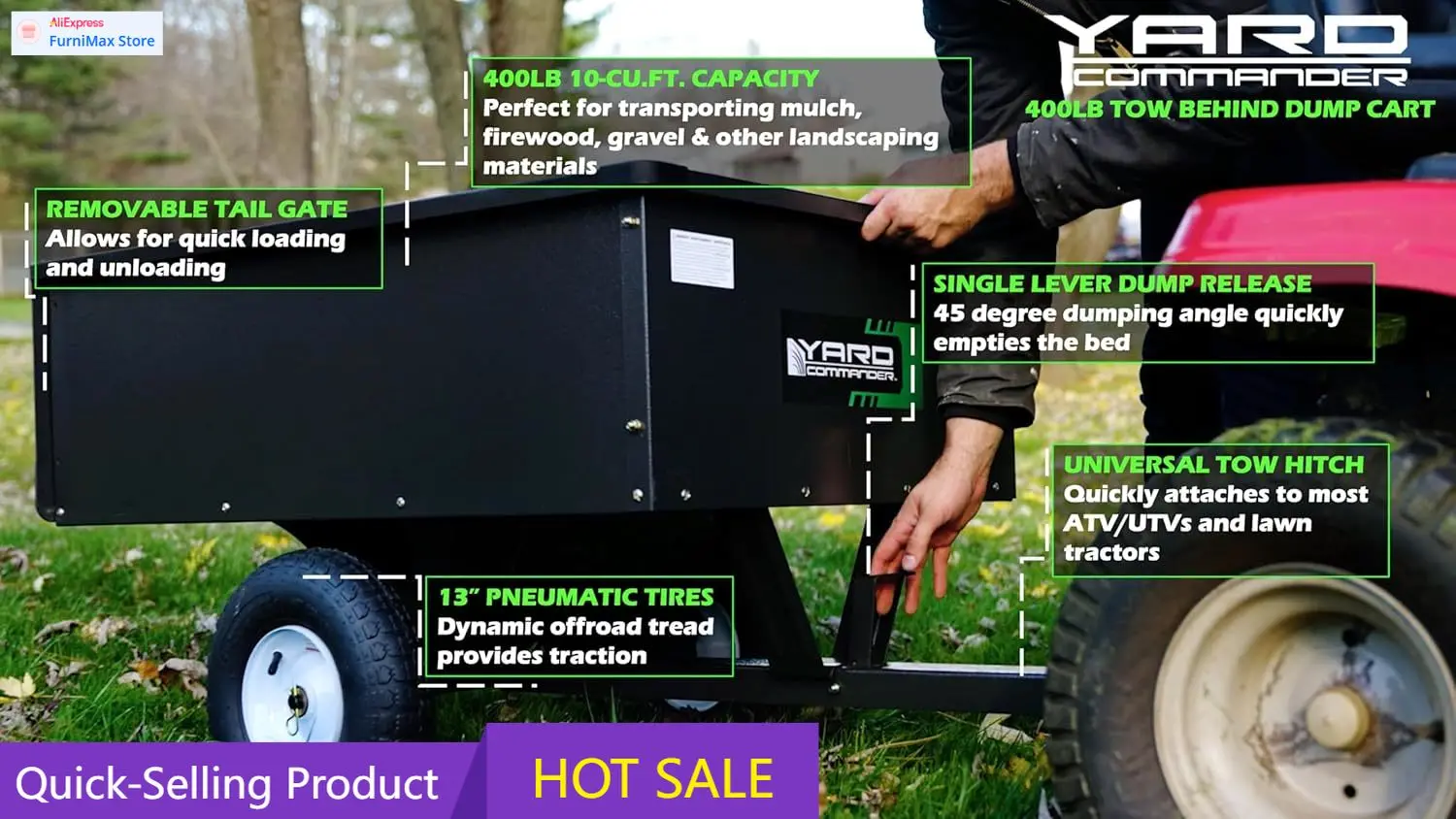 

Ограниченная по времени акция: Скидка на прицеп-тележку для квадроцикла, грузоподъемность 400 фунтов, стальная самосвальная платформа - вместимость 10 кубических футов.