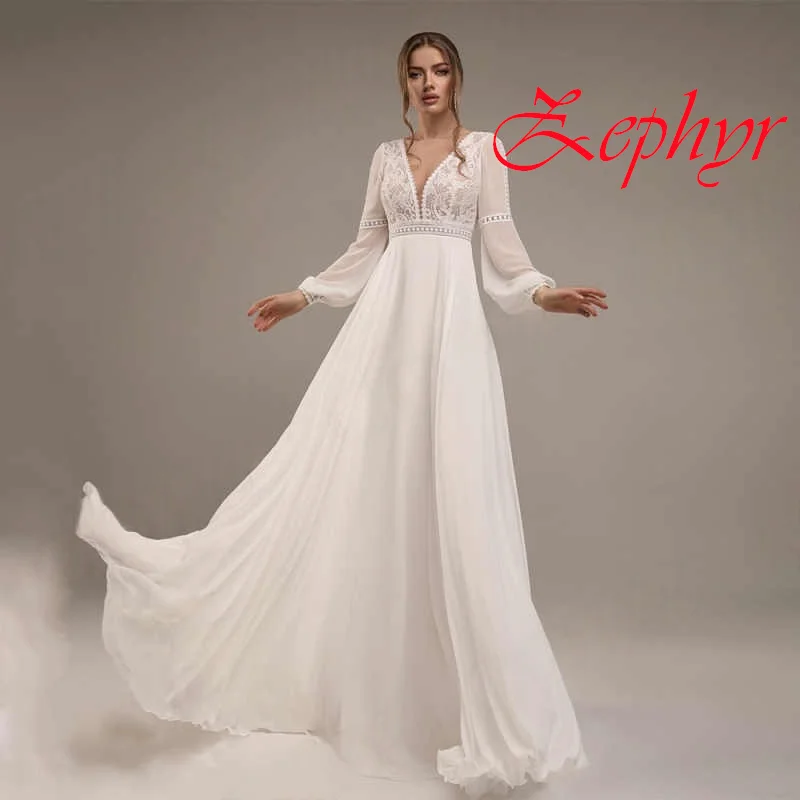 

Customized White Chiffon V-neck Long Sleeves Wedding Dress Boho Soft Temperament Bridal Gowns Lace Vestido De Novia Sweep Train