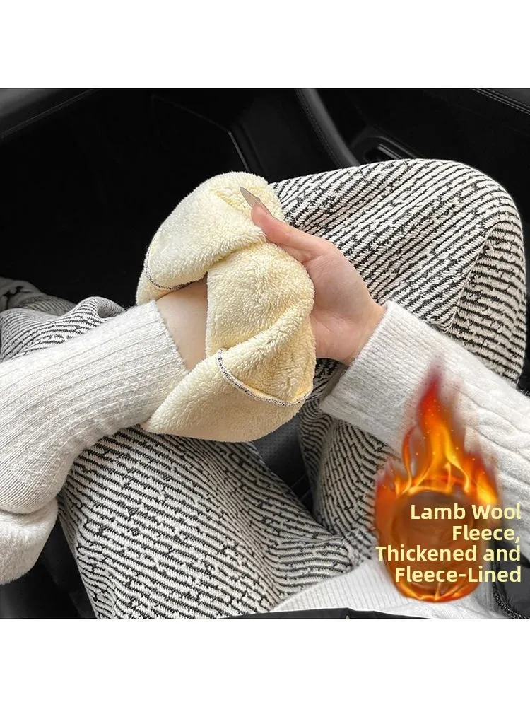 

Женские брюки больших размеров с высокой талией и широкими штанинами, утепленные из овечьего бархата, зимние повседневные брюки, теплые, удобные, модные, с эффектом похудения