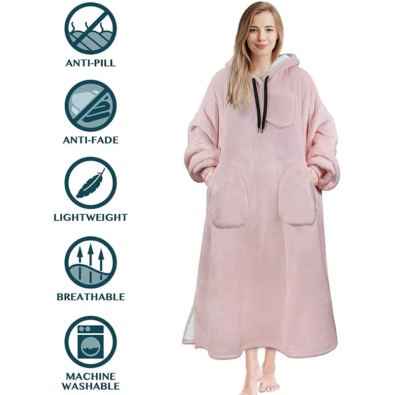 Sleepwear With Pocket Female Plus Size Nightgown Women Flannel Thick Hoodies Home Clothes Coral Fleece Nightwear Loungewear