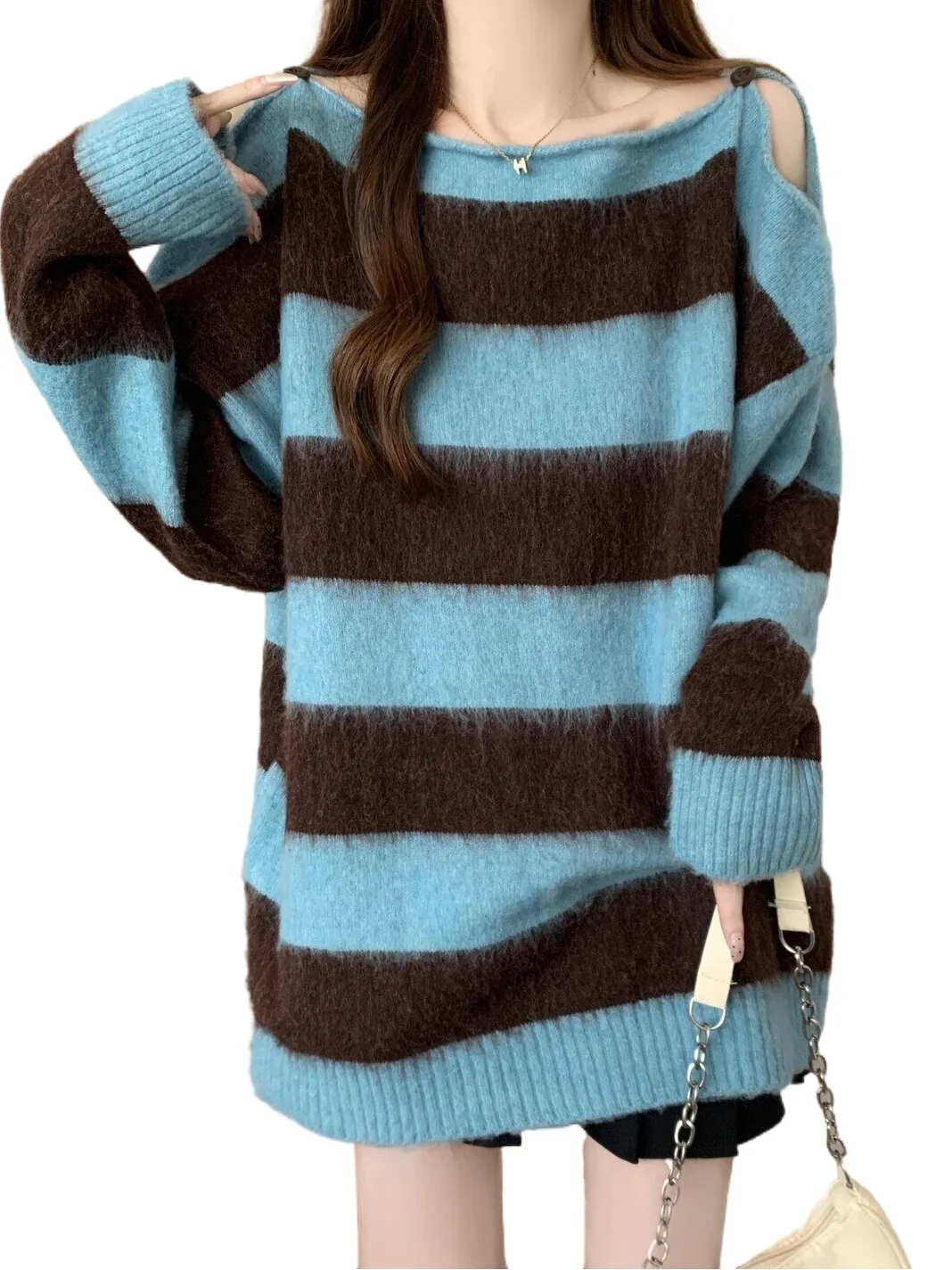 Korean Style Striped Shoulder Bared Sweater Women's plus Size Mid-Length Knitted Top Loose Fit Winter Fashion Commute Style