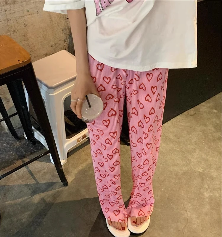 plus Size 300 Pounds Pink Heart Casual Pants Women Summer Thin Ice Silk Cool Loose Drapey Wide Leg Pants Commute Style High W...