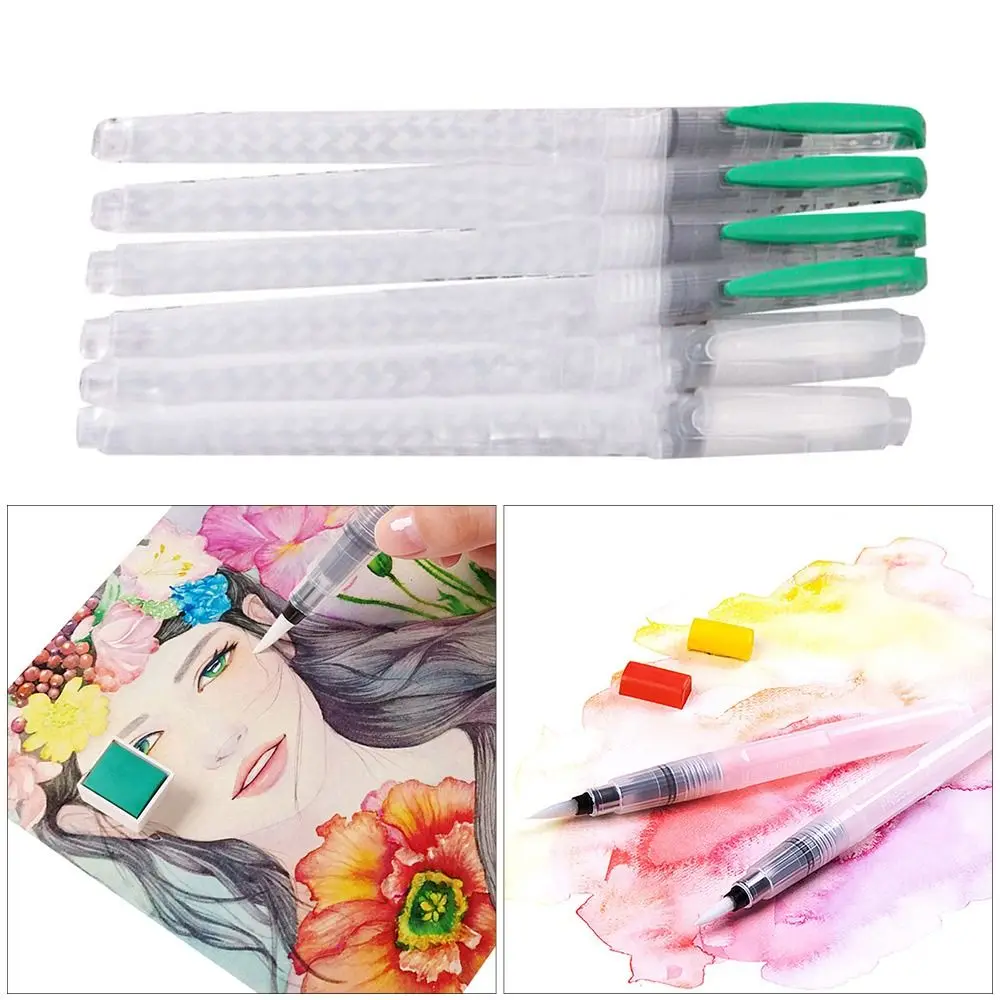 

3/6Pcs Water Soluble Colored Watercolor Soft Pen Brush Plastic Refillable Water Pen Drawing Calligraphy Nylon Brush Head