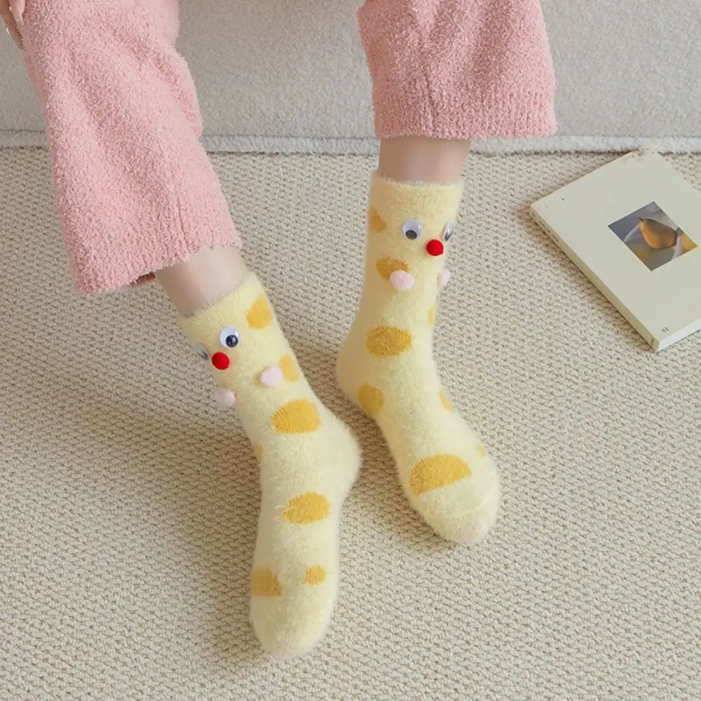 

Kawaii Cartoon Eyes Mink Fur Socks Cute Eyes Soft Sleeping Socks Women Hosiery Funny Plush Dot Socks Fall Winter