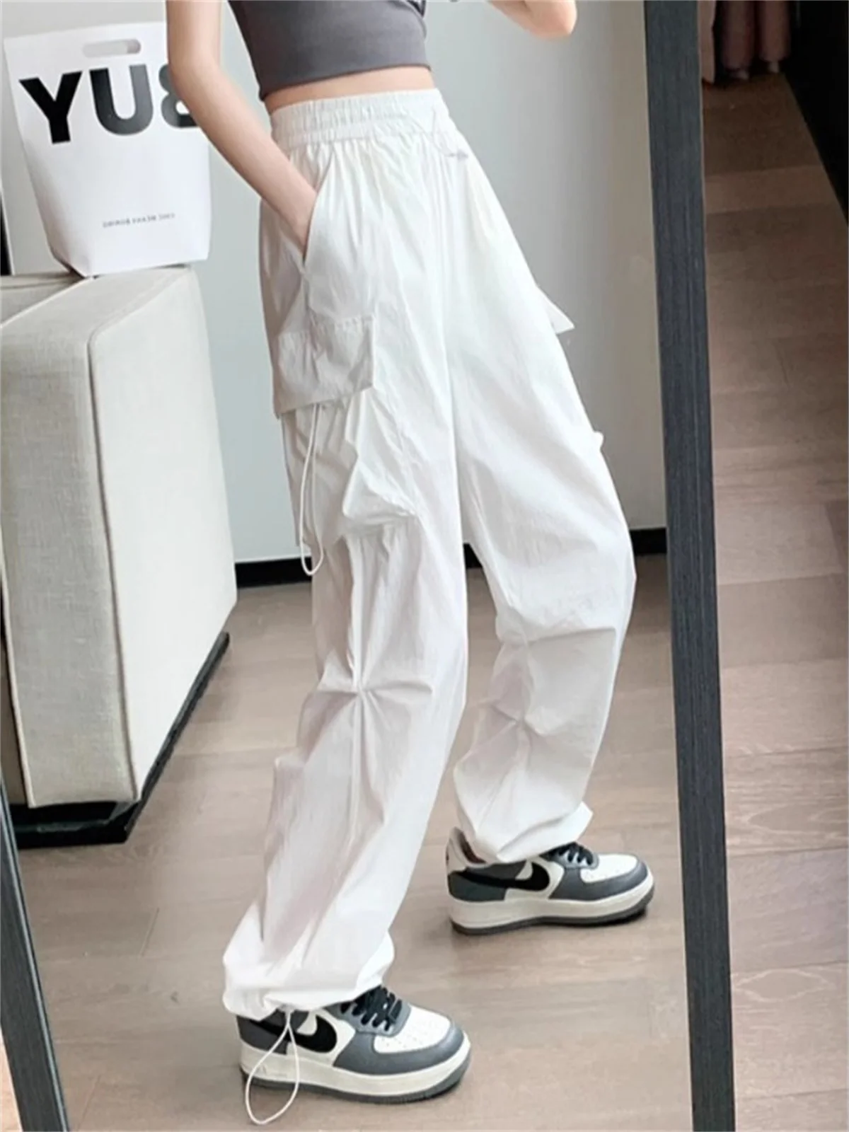 Pink Big Pockets Cargo Pants Women High Waist Cool Outwear Baggy Tactical Trouser Fashion Hip Hop Joggers Trousers Female Pants