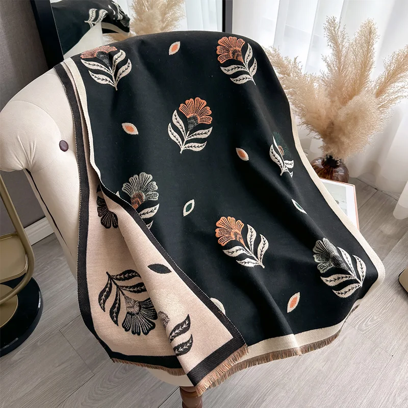 2024 Winter New Luxury Faux Cashmere Scarf Women Floral Print Outdoor Warm Thick Shawl Soft muffler neckerchief