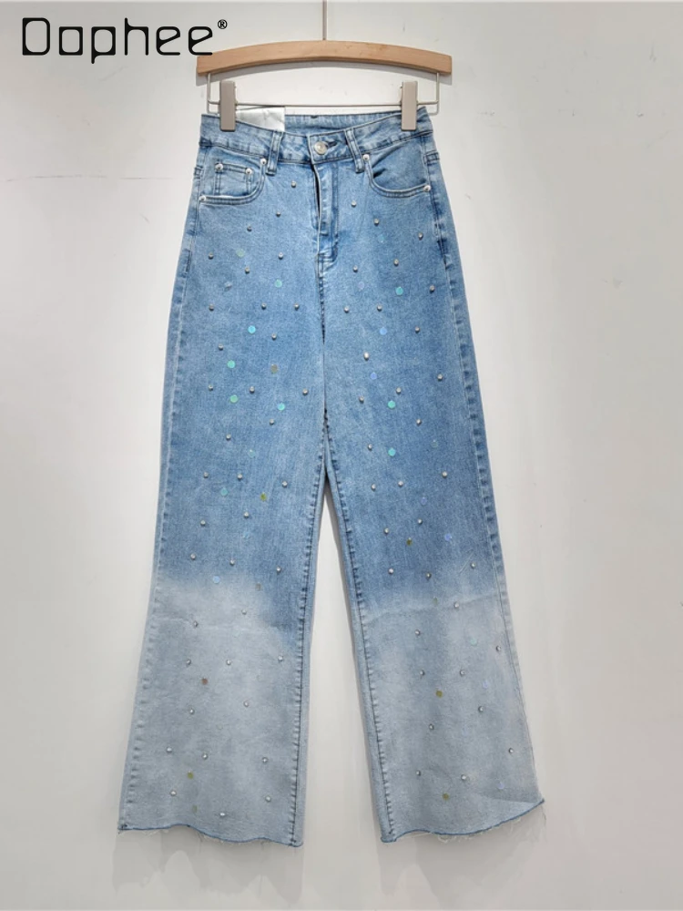 

Fashion Wide-Leg Jeans Women 2024 Spring New Rhinestone Sequins Gradient Color High Waist Jeans Straight Loose Trousers Female