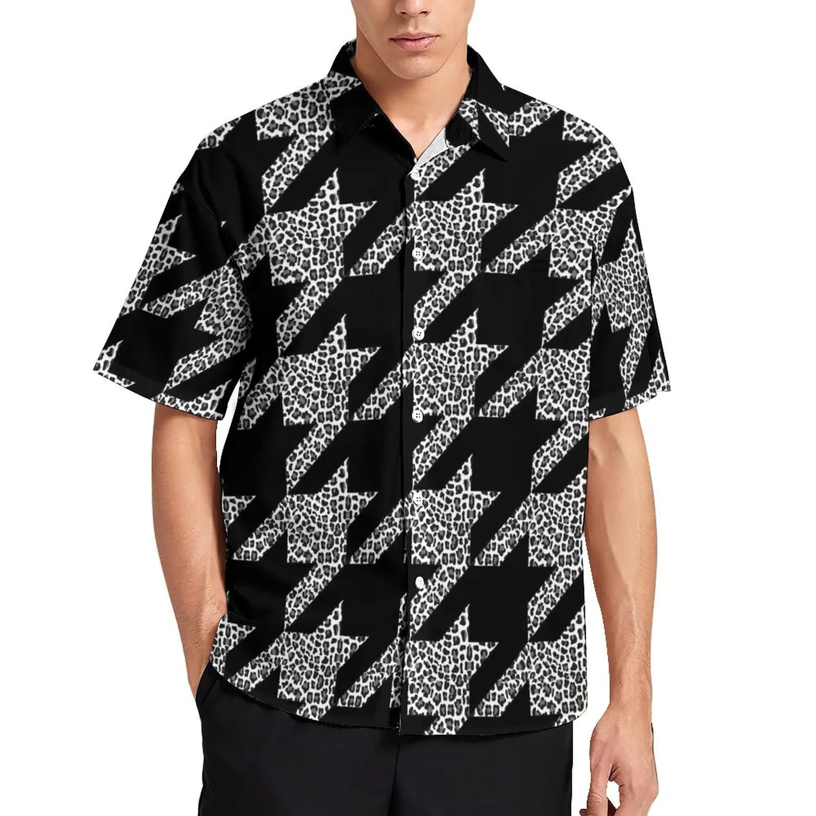 

Black Houndstooth Vacation Shirt Cheetah Print Hawaiian Casual Shirts Men Vintage Blouses Summer Short Sleeve Custom Top 3XL 4XL