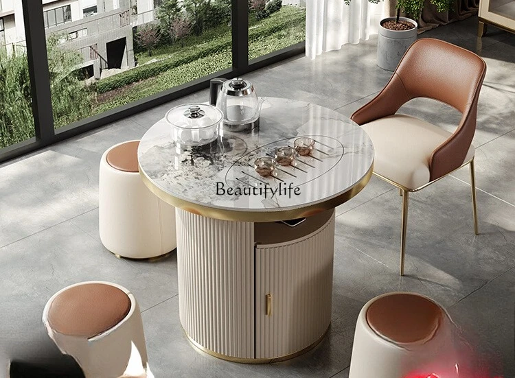 

Living room light luxury rock slab tea table round small apartment movable tea table
