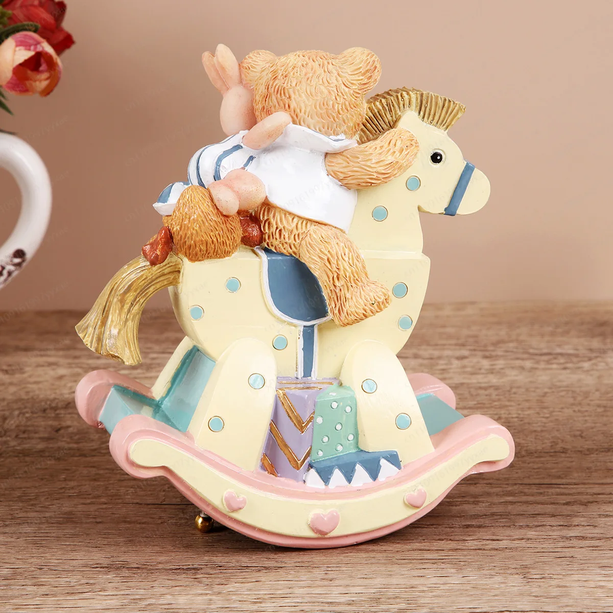 Resin crafts, cute bear riding, music box, creative crafts ornament rocking horse