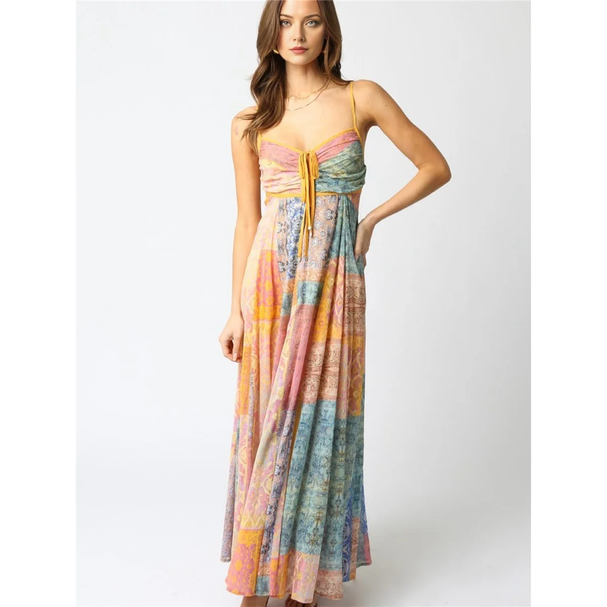 【】Women Floral Smocked Maxi Dress Bow-Knot Spaghetti Straps Midi Sun Dress Boho Casual Beach Long Dresse