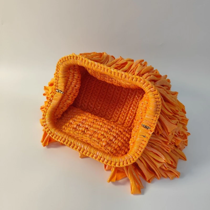 Hand-woven Fringed Crochet Unique Design Handbag Handmade Ribbon Yarn Niche Evening Party Bag Pleated Design Banquet Package
