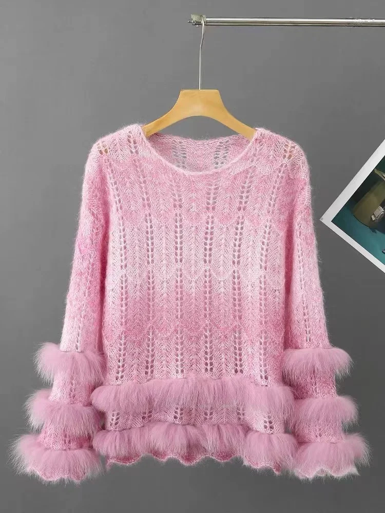 Fox fur Spliced Sweater For Women 2023 Autumn Korean Sweety Fashion Round Neck Loose Gradient Pink Knited Pull Femme Streetwear