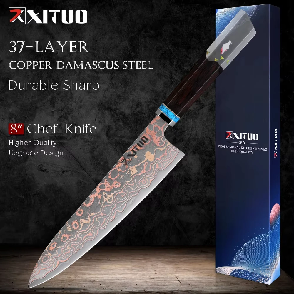

8 Inch Damascus Chef Knife Japanese Kitchen Knife 33-Layer Copper & Damascus Steel Ultra Sharp Blade for Chopping,Slicing,Dicing