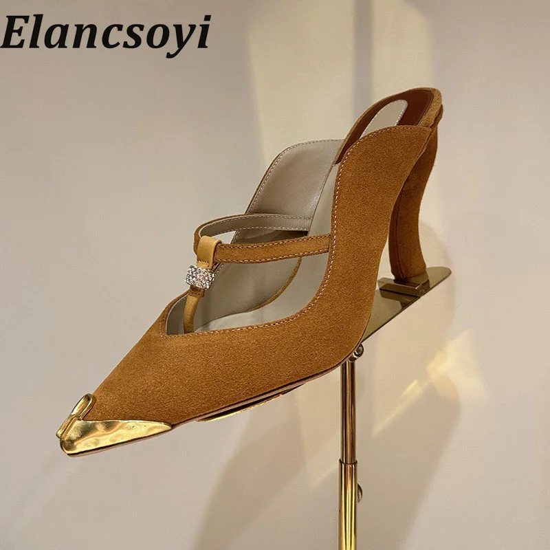 Women's summer 2026 new crystal metal pointed slippers backless T-shaped high-heeled slippers fashionable banquet dance shoes