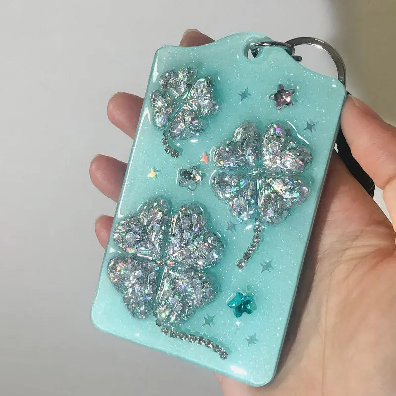 Y2K Glitter Resin Card Holder Handmade Rhinestone Decor ID Badge Holder Spring Coil Lanyard Photocard Bus Card Cover For Girls