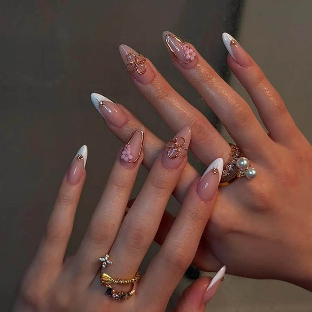 Presse d'hiver sur les ongles, fait à la main, amande et carrés, peinture française, Design Floral 3D, réutilisable, Kit de 10 pièces pour femmes