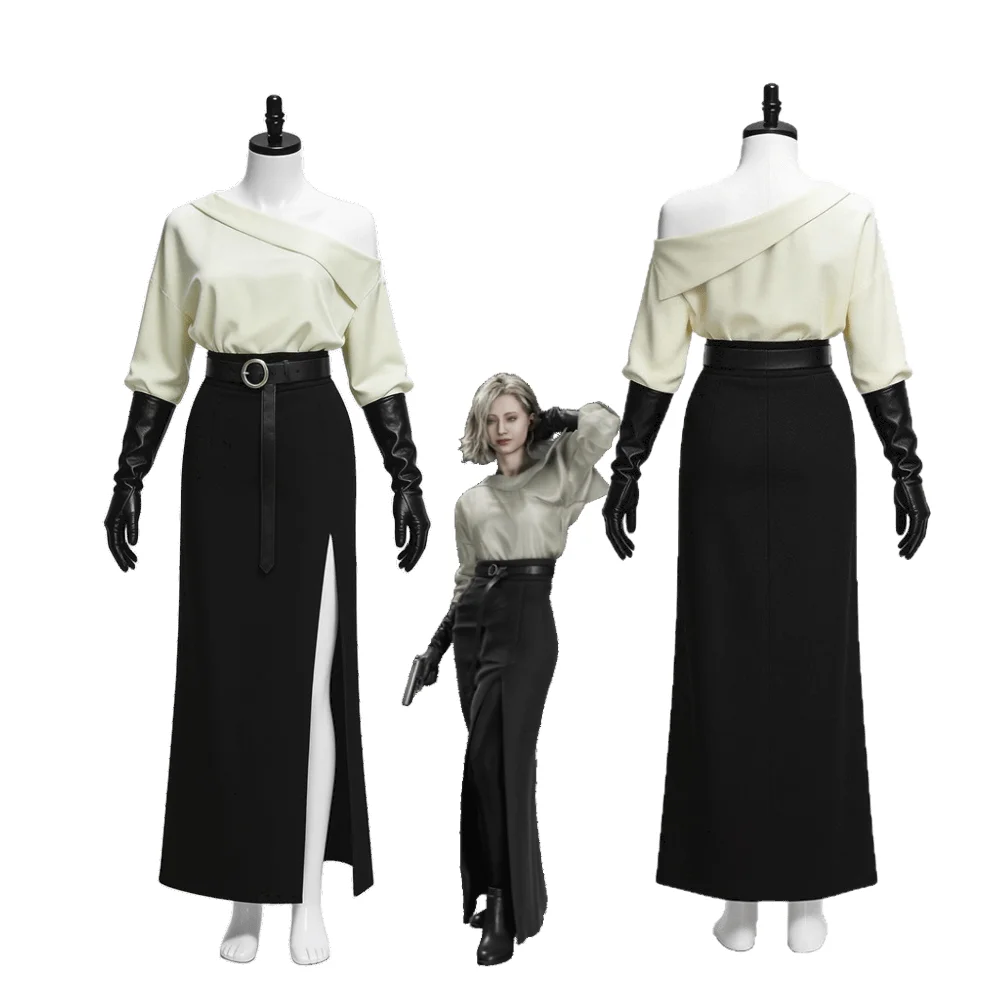 

Resident Evil Requiem Grace Cosplay Costume Off-Shoulder White Top Black Slit Skirt Long Gloves Women Agent Uniform Halloween