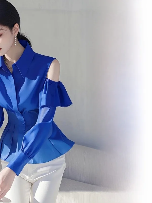 

Spring 2025 Klein Blue Shirt Elegant High-End Good Looking Unique Beautiful Top Women's Fashion Casual Long Sleeve Neck