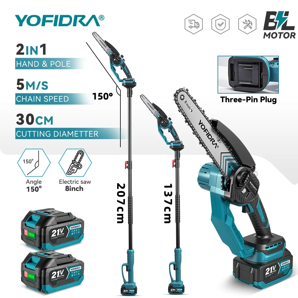 YOFIDRA 8-Zoll Bürstenlose Teleskop-Elektrokettensäge 2-in-1 Hochastsäge Garten-Elektrowerkzeug für 21V 18V Akku