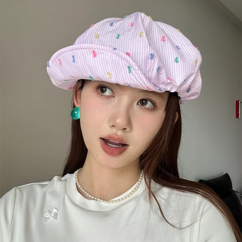 Gentle Pink Striped Octagonal Berets Cap Summer Travel Sunscreen Fashionable Versatile Oversized Cloud Newsboy Hats for Woman