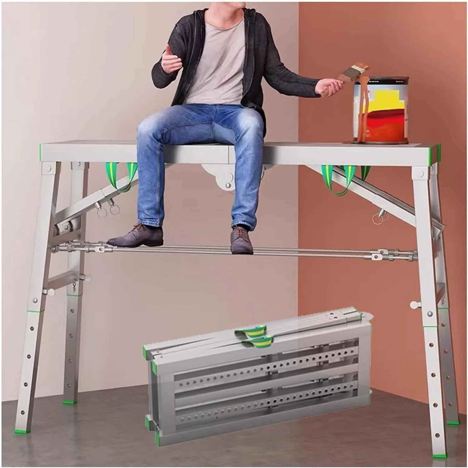 Adjustable Height Portable Folding Scaffolding Multipurpose Work Platform Scaffold Maximum Load 400 Lbs Step Ladders(200cm/6.5ft