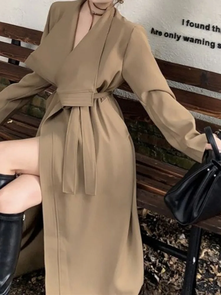 2025 Autumn Windbreaker Women's Khaki Black Trench Coat Casual Loose Slim Fit Large Lapel Cardigan Style Long-Sleeve Outerwear