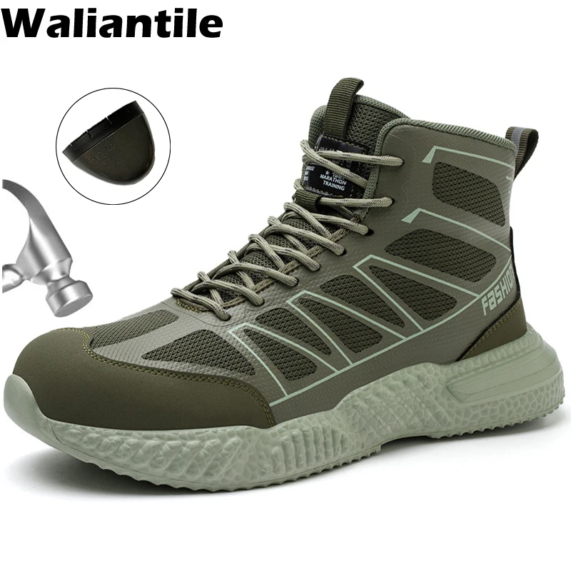 

Waliantile Breathable Men's Safety Shoes Lightweight Construction Steel Toe Work Boots Puncture Proof Indestructible Sneakers