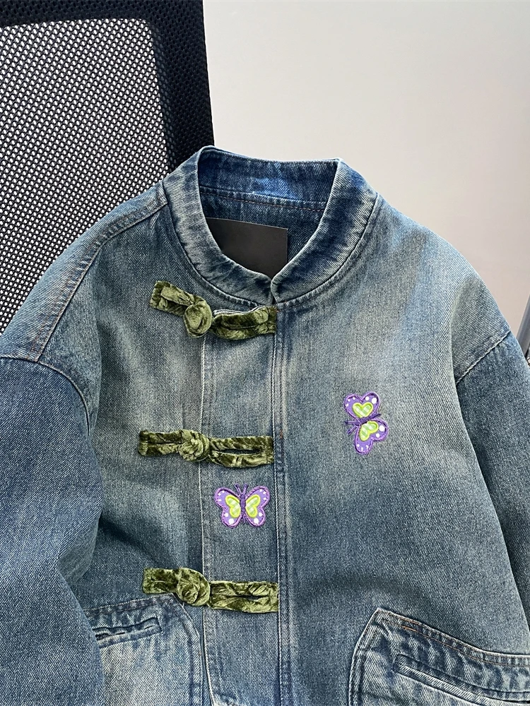 Джинсовое пальто с вышивкой в стиле ретро в китайском стиле и воротником-стойкой на пуговицах для мужчин, весенне-осенняя свободная верхняя одежда