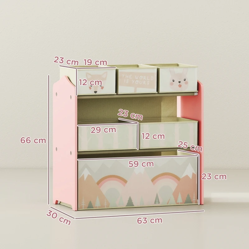 Armario para guardar juguetes infantiles con 6 cajas de tela, diseño adorable en color rosa, 63 x 30 x 66 cm, organizador para el cuarto de los niños.