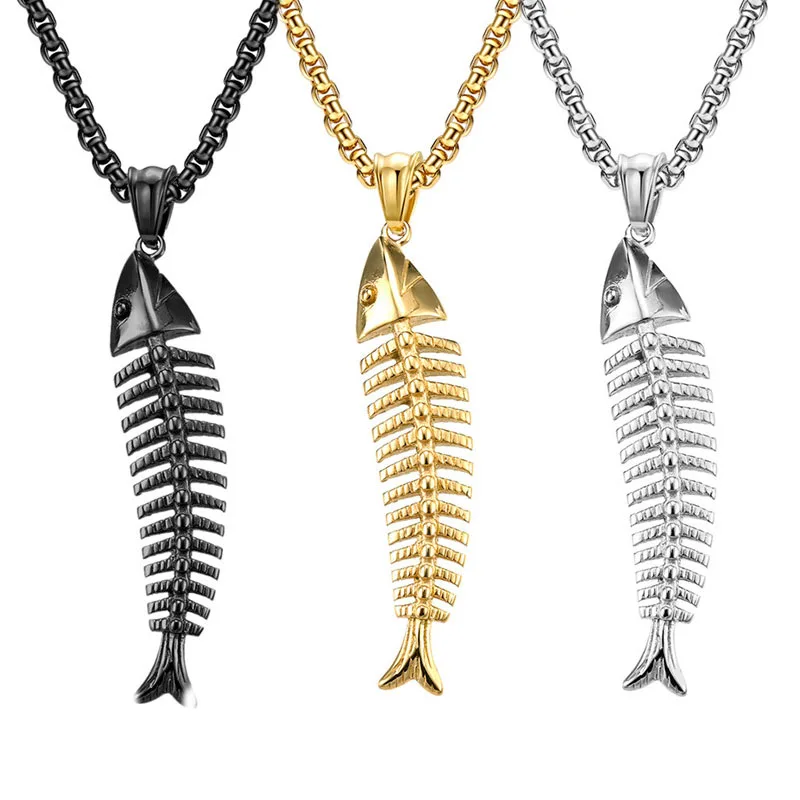 

Fashion Stainless Steel Fish Bones Necklace With Pendant Animal FishBones Necklace Jewelry Gifts For Men Women