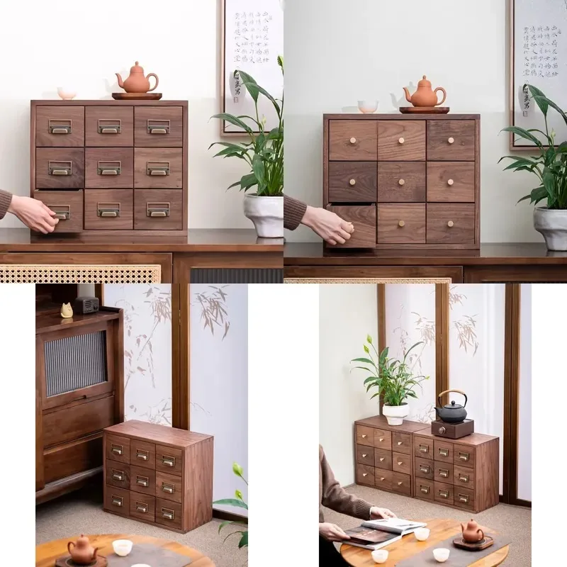 Solid Wood 9 Drawer Desktop Storage Box Retro Metal Handle Walnut Jewelry Organizer Dresser Office Cabinet