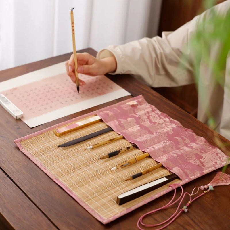 Brocade Bamboo Brush Roll Color Simple Brush Pouch Ancient Style Breathable Bamboo Curtain Brush Storage Bag School Art Supplies