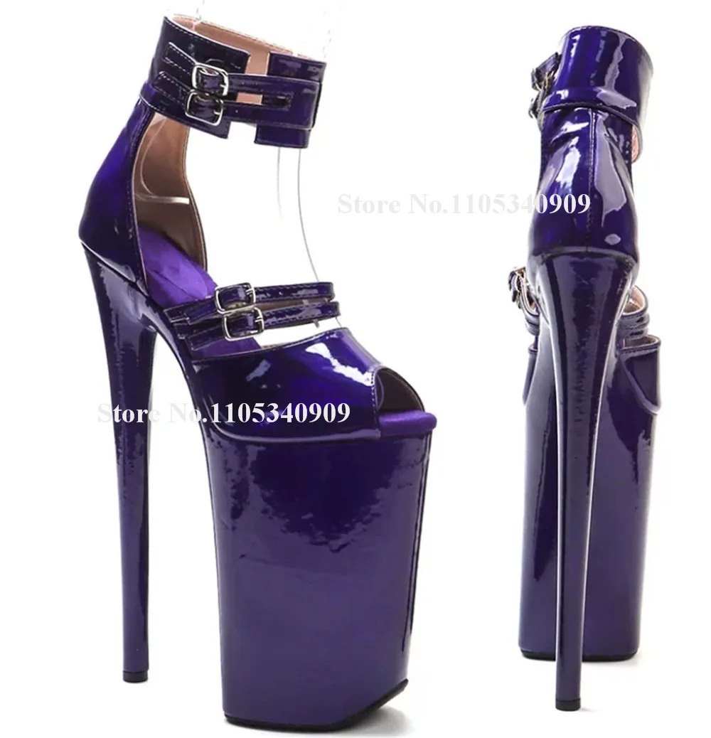 Bondarenko Purple Patent Leather Stiletto Heel Pumps Peep Toe Ankle Straps High Platform 20cm Thin Heel Party Heel Dance Shoes