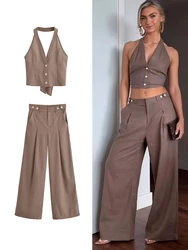 TRAF Fashion Women Bow Top Trouser Suit 2024 Summer Single-Breasted Backless Camisole Tops Zipper Wide Leg Pant Causal Sets