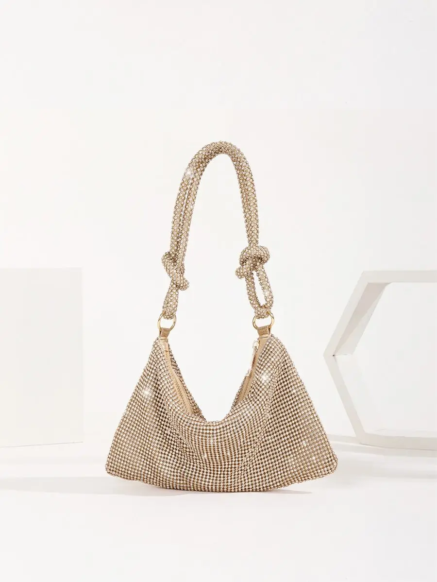 

Rhinestone Embellished Mini Bucket Bag With Knot Handle For Evening Party