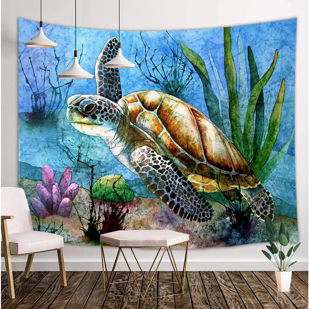 Sea Turtle Tapestry Great Wave Marine Life Wall Hanging Watercolor Ocean Animal Home Room Living Room Decor Wall Blanket Cloth