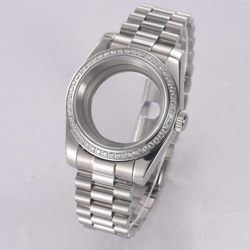 Neiton 36mm/39mm Diamond Watch Case, Sapphire Glass Stainless Steel Watch Case Fit NH35 NH36 Movement, Waterproof with President