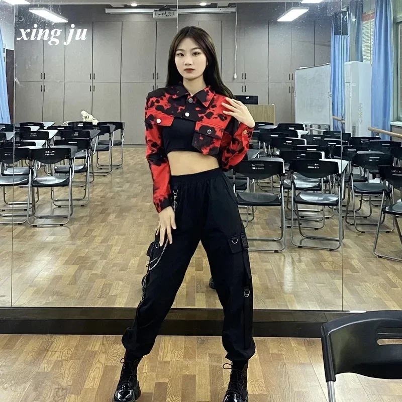 Kpop mujeres grupo Jazz danza Tie Dye chaquetas de manga larga Crop Tops Hip Hop pantalones Cargo Ropa de baile ropa de Festival traje de escenario