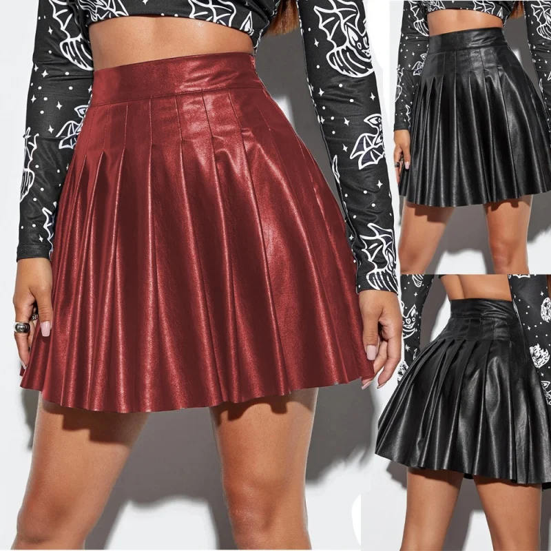 insPopular Pleated Skirt for Women Cross-Border European and American Style SkirtPUShort Skirt Sexy Night Club Style Skirt  D14