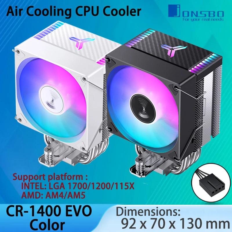 

Jonsbo CR1400 EVO Color Series CPU Cooler, Air Tower Radiator, Silent, 4pin Automatic Light CPU Fan,4 Copper Heatpipes,92mm Fan