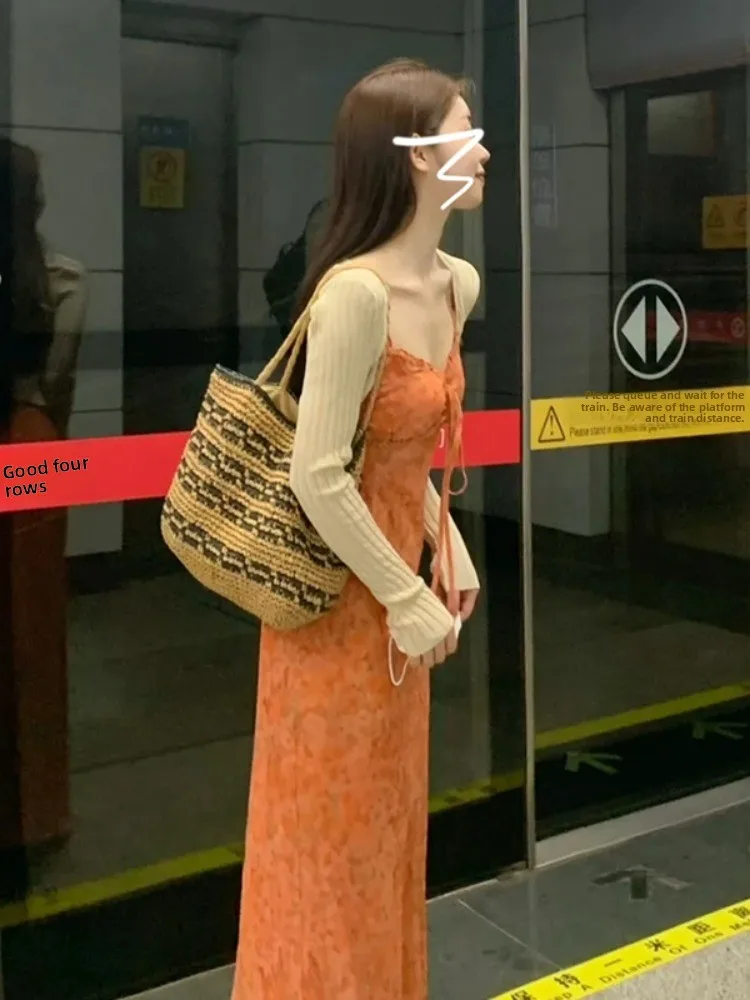 Beach Vaion Stampa floreale Strapl Dr Faion da donna Autunno 2025 New Ele Long Dr Tea Break Casual Lady Sle