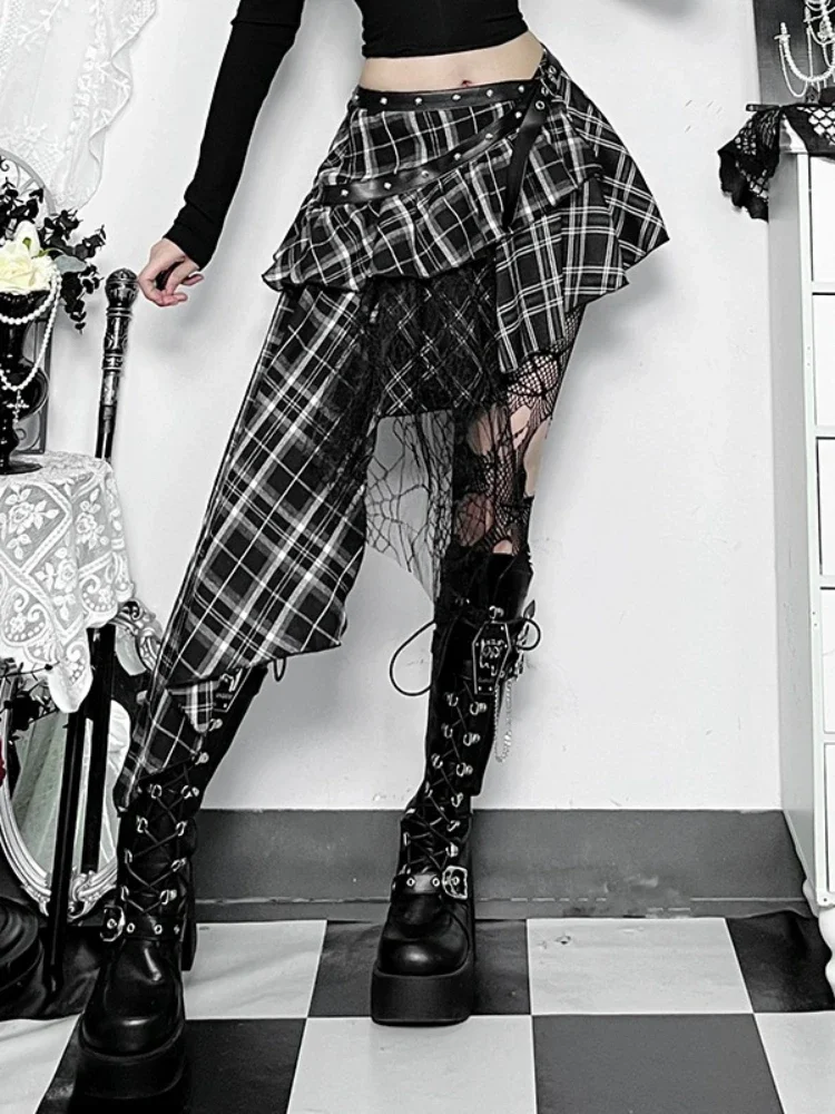 IMU Y2k Harajuku Plaid Skirt Women Gothic Cyber Punk Streetwear Spider Web Patchwork High Waist Irregular Hem Skirt Female