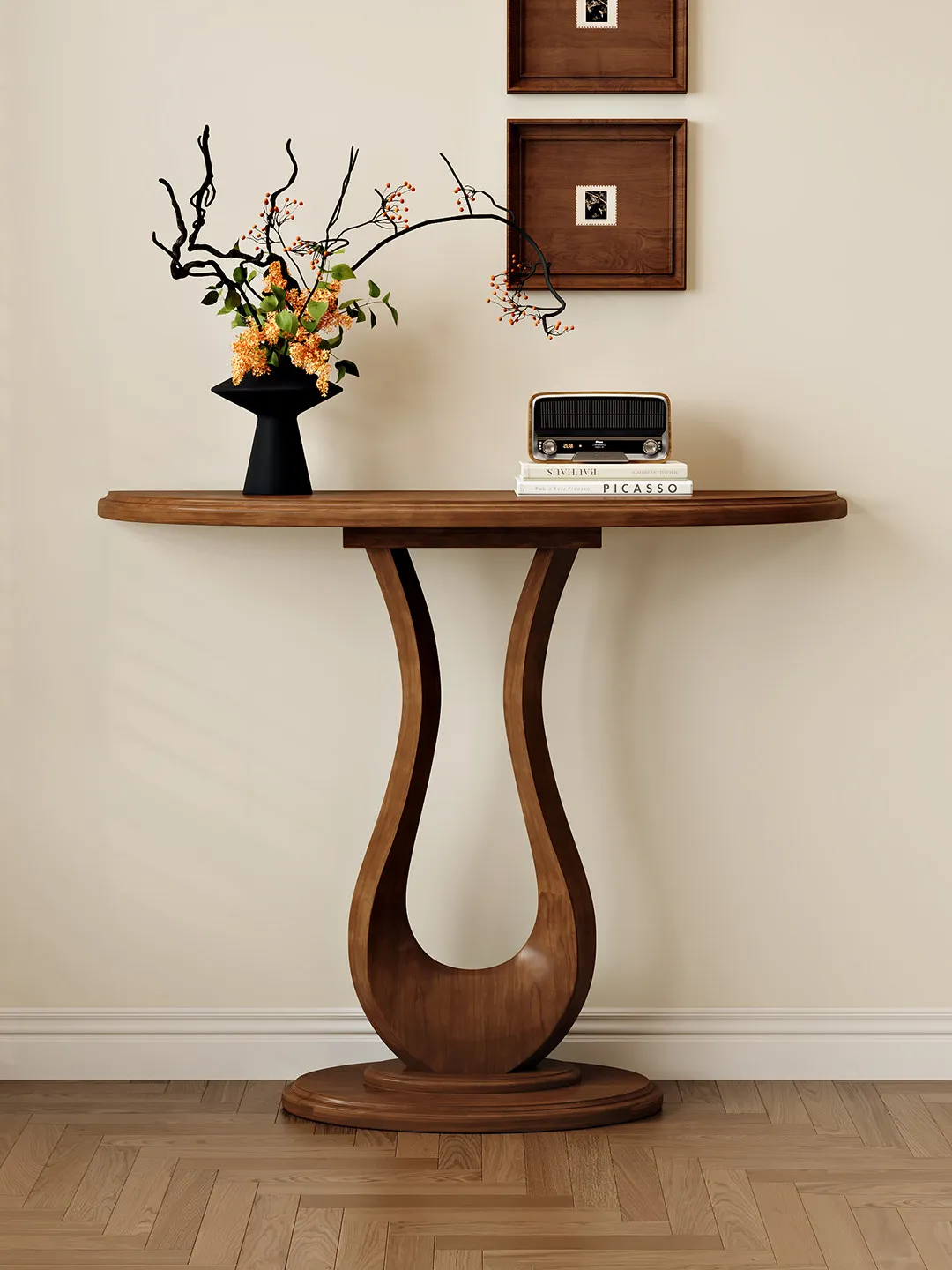 Solid wood semi-circular entryway table, facing the front door, light luxury and minimalist design, suitable for hallways and