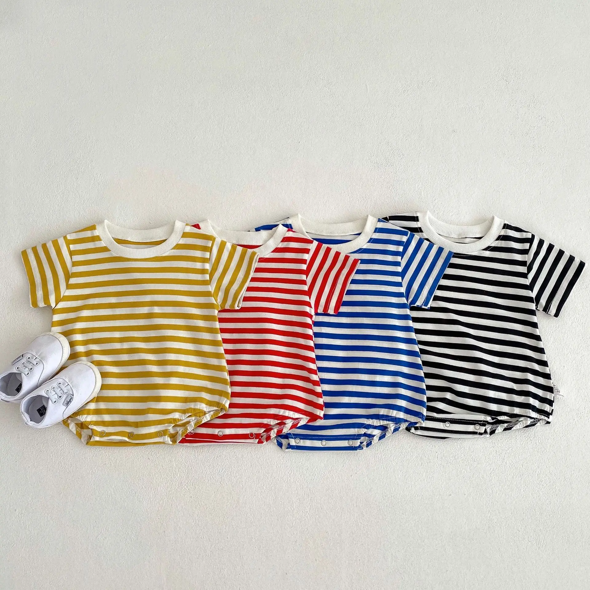 

2025 Summer New Baby Short Sleeve Striped Bodysuit Newborn Thin Cotton Jumpsuit Loose Toddler Infant Casual Clothes