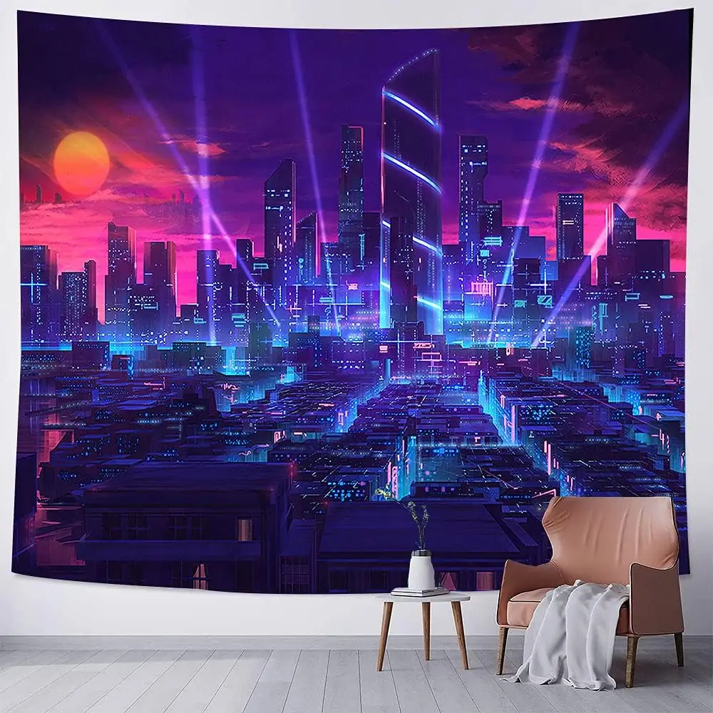 Vibrant Neon City Skyline Tapestry Wall Decor Modern Abstract Urban Night View Digital Print Polyester Art for Living Room Bedro